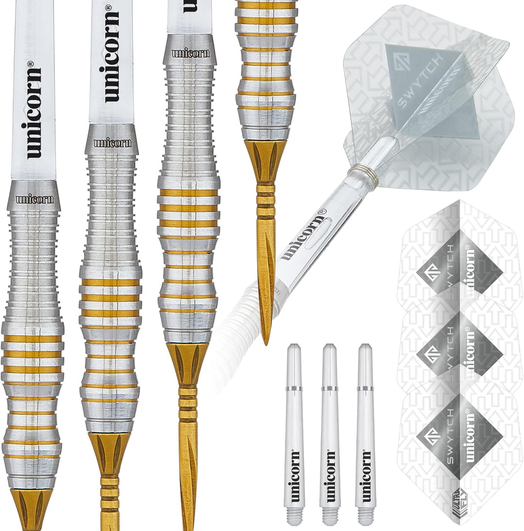 Unicorn Steel Tip Darts Set | Swytch | 80% Natural Tungsten Barrels with Black, Blue, Golden or Ross