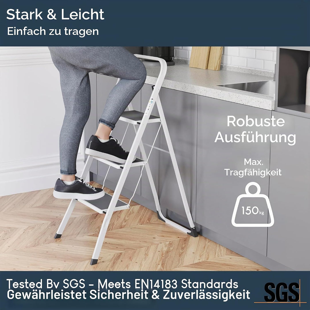 Home Vida Leiter mit 3 Stufen, Stahl, tragbar, klappbar, robust, 3 Stufen