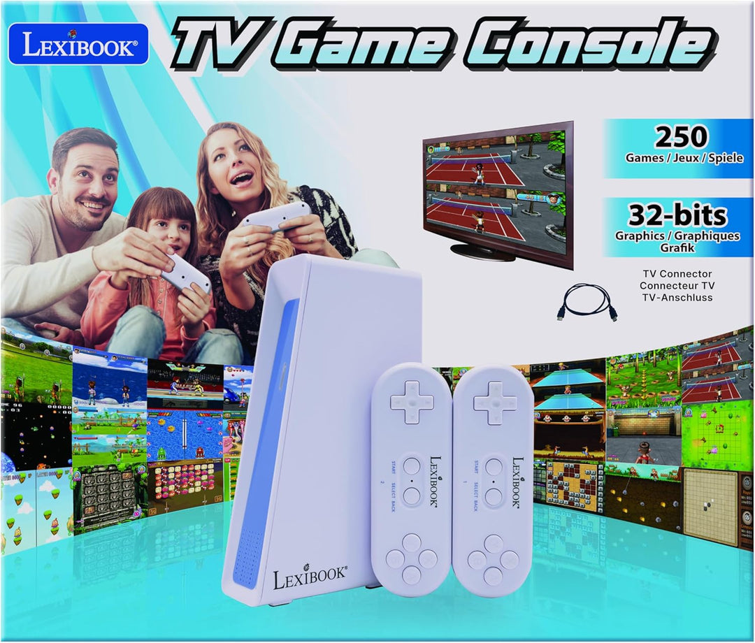 Lexibook, TV-Spielkonsole mit 2 drahtlosen Controllern, 250 Spiele, 32-Bit-Grafik, TV-Anschluss, JG7