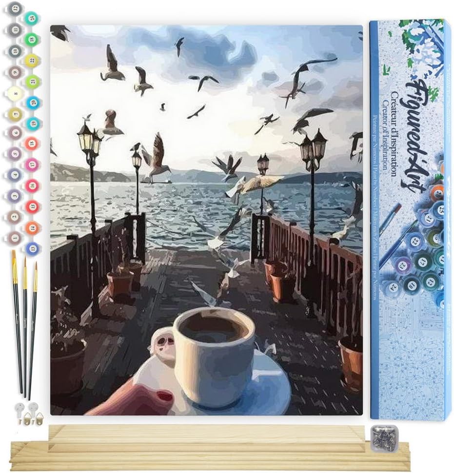 Figured'Art Malen Nach Zahlen Erwachsene Mit Rahmen Kaffee und Möwen am Wasser - Paint by Numbers Ba