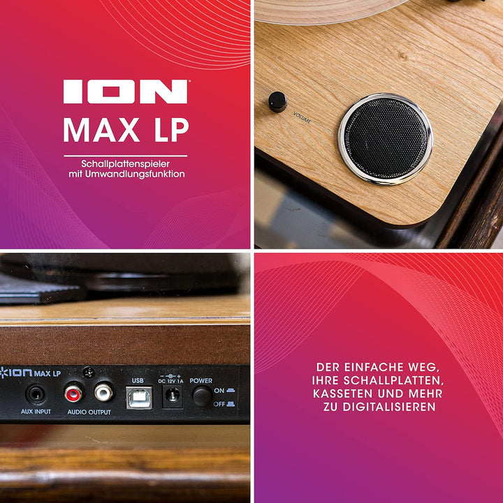 ION Audio Max LP - Vinyl Plattenspieler Bluetooth mit eingebauten Lautsprechern und USB, holzfarben