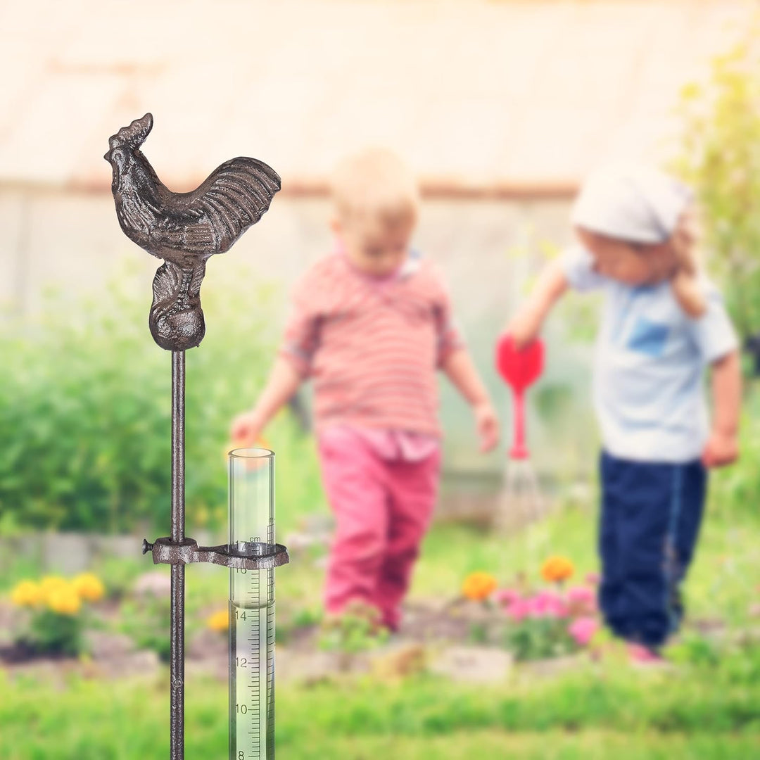 4 x Regenmesser Hahn, Erdspiess, Deko Niederschlagsmesser, 17cm 7inch, Behälter Glas, Gartenstecker,