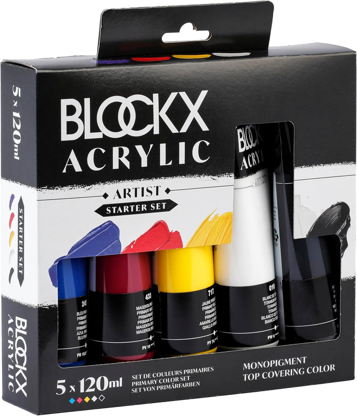 Blockx 65120BXC - Set mit 5x120ml Tuben, feine Acrylfarbe, Acrylic Artist, Primärfarben, dekend und