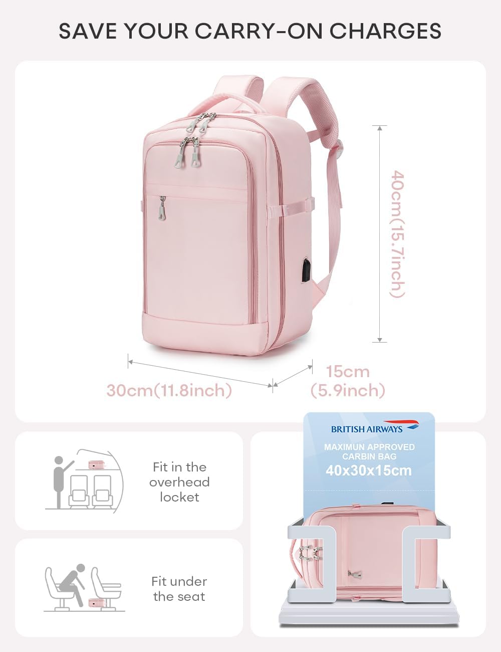 BAGZY 40x30x15cm Handgepäck Rucksack für British Airways jet2 Air France Reiserucksack Flugzeug 14 Z