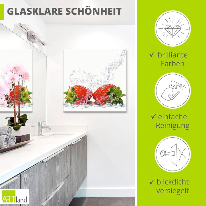 ARTland Glasbilder Wandbild Glas Bild einteilig 40x40 cm Quadratisch Früchte im Wasser Obst Erdbeere
