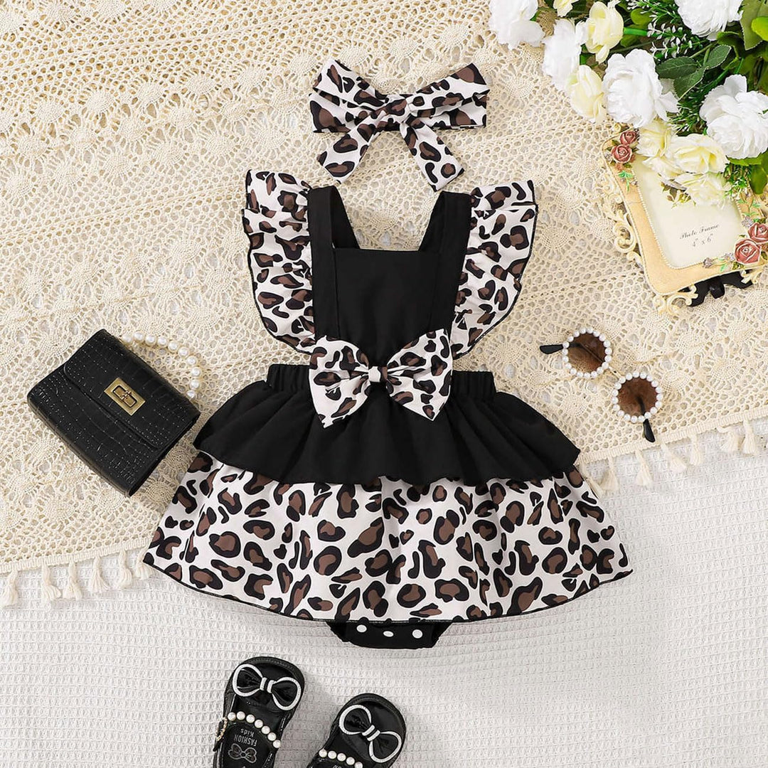 Baby Mädchen Leopard Print Hosenträger Kleid Bowknot Stirnband Kleiderset, ärmellos Rundhalsausschni