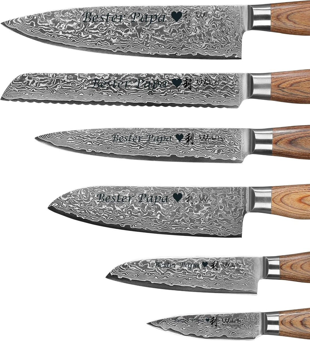 Wakoli EDIB Pro Damastmesser Set mit Gravur – Personalisiertes 6er Messerset, 20cm, 17cm, 16cm, 11cm