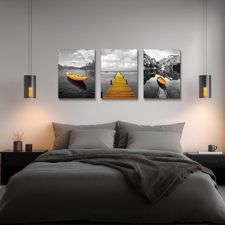 hyidecorart Bilder Landschaft Natur, Wandbild Grau Gelb Nordischer Boot, Modern Berge und See Panora