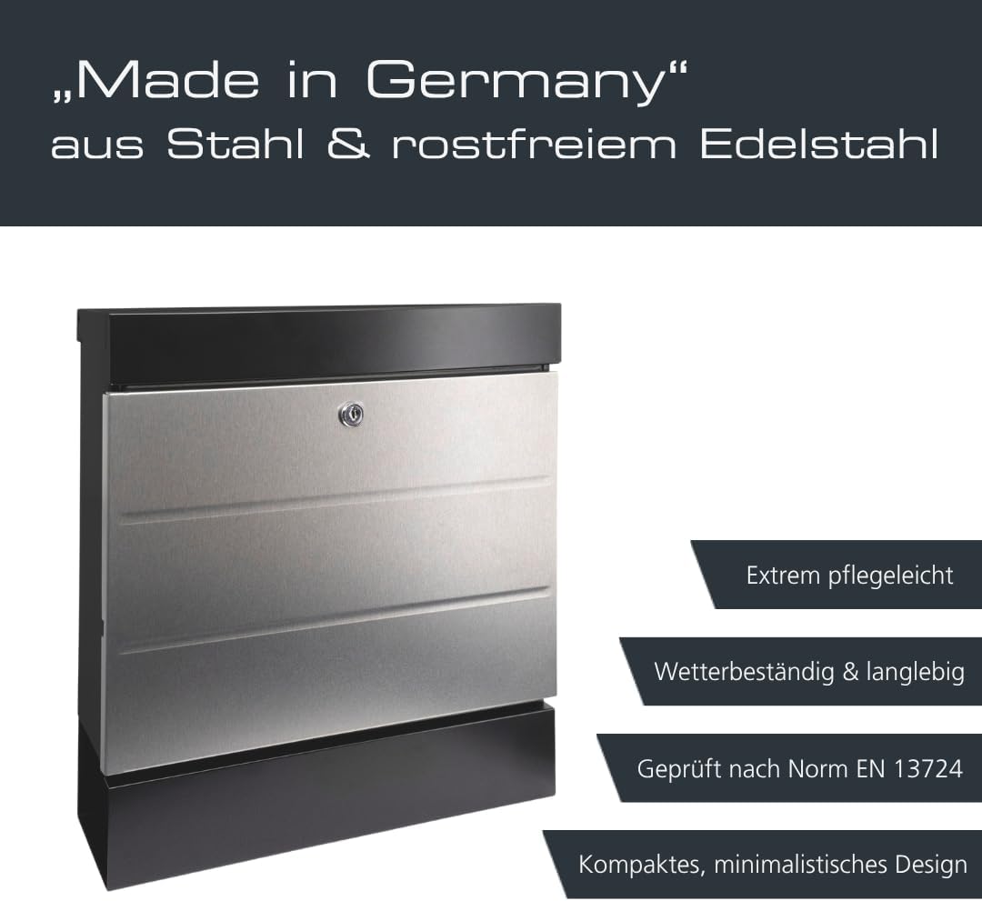 Burg-WÄCHTER Briefkasten mit Zeitungsfach ohne Namensschild, Stahl/Rostfreier Edelstahl, Schutzlack,