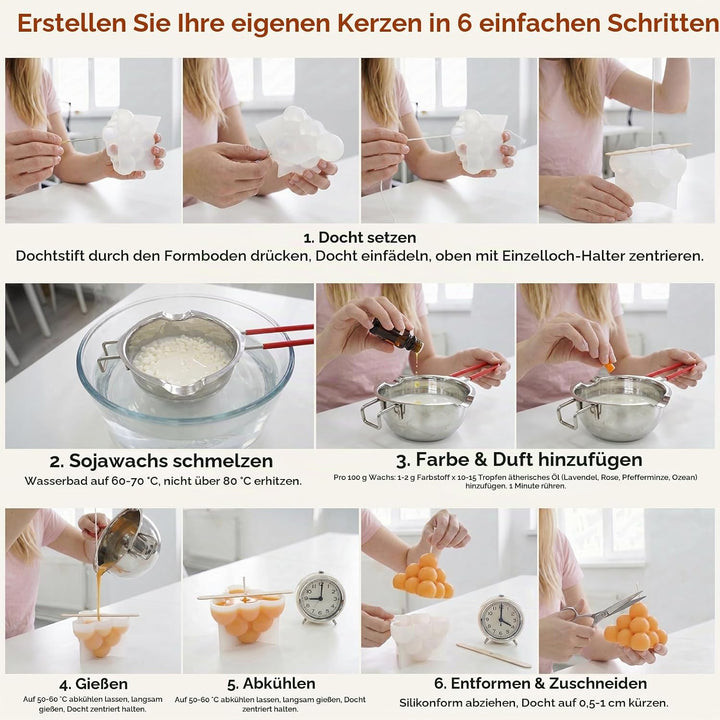 Kerzen Selber Machen Set, DIY Kerzenherstellungsset mit 1000g Sojawachs | Mit 5 Silikonformen, 4 Duf