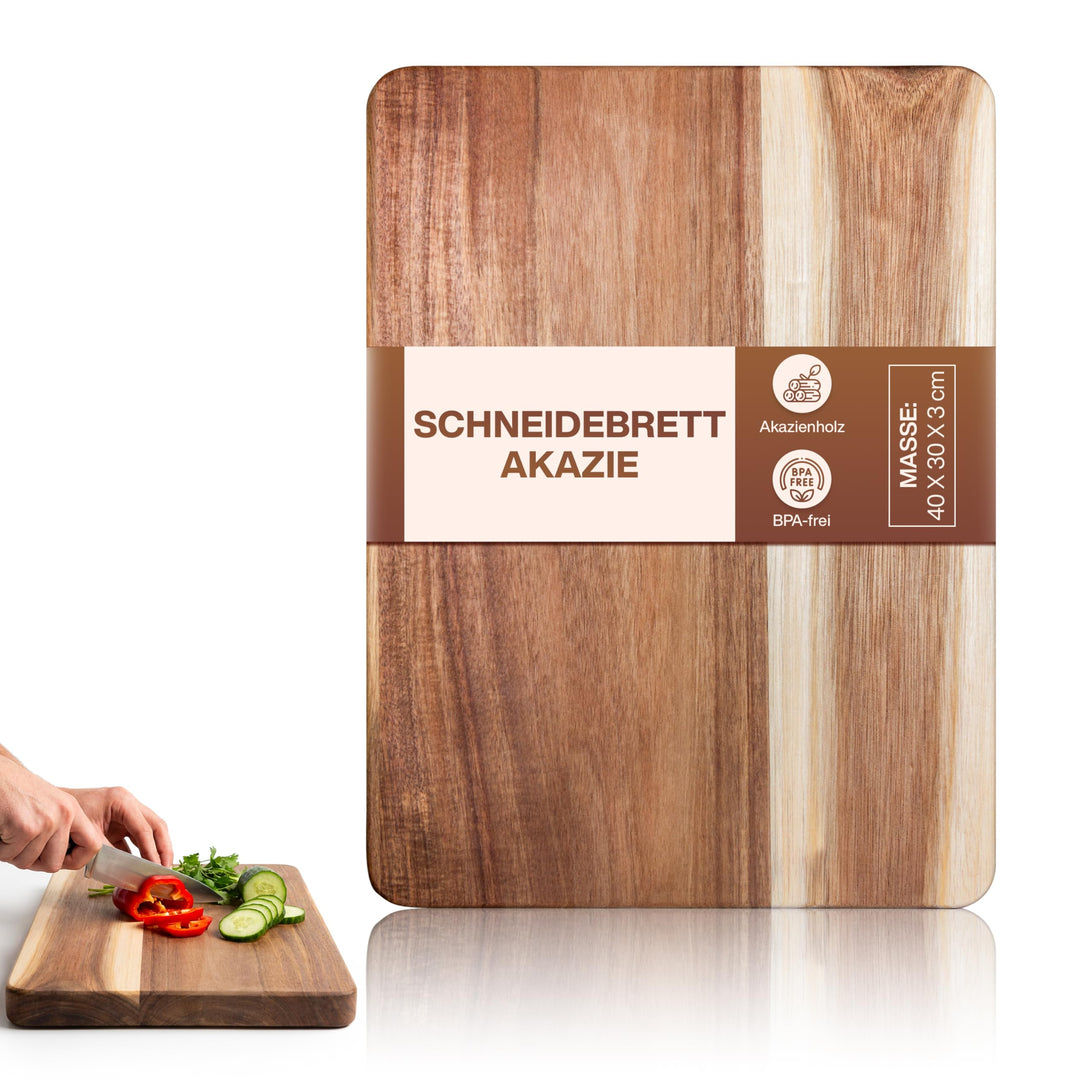 Premium Schneidebrett aus Akazienholz mit Saftrille - PERSONALISIERBAR - 40 x 30 x 3 cm - Hochwertig