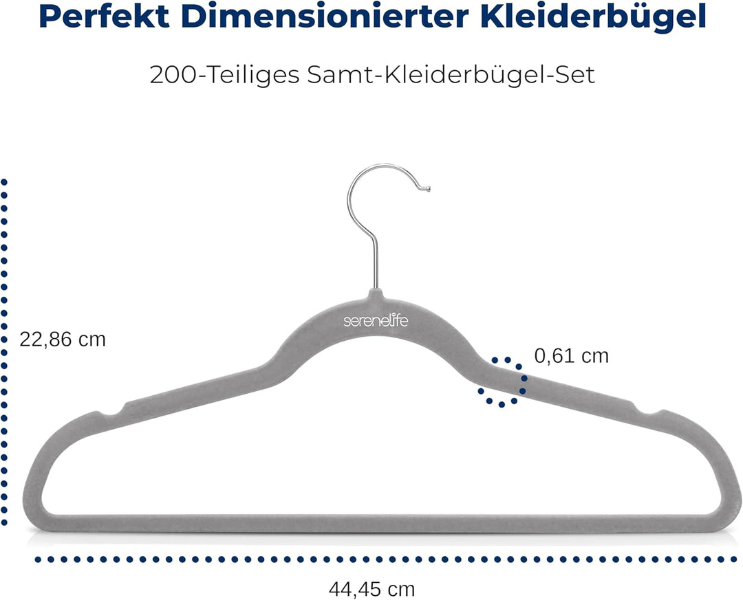 SereneLife Samt Kleiderbügel Grau 200 Stück, Kleiderhaken Bügel 360° drehbarer Haken, Bügel rutschfe