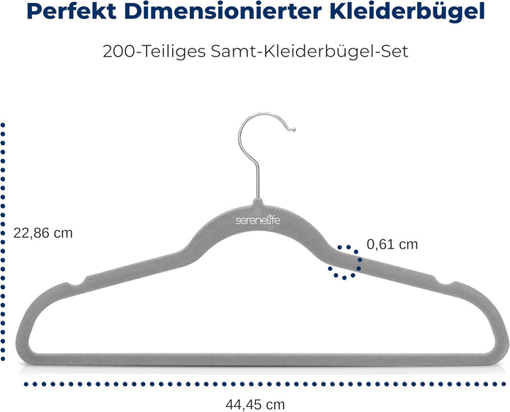 SereneLife Samt Kleiderbügel Grau 200 Stück, Kleiderhaken Bügel 360° drehbarer Haken, Bügel rutschfe