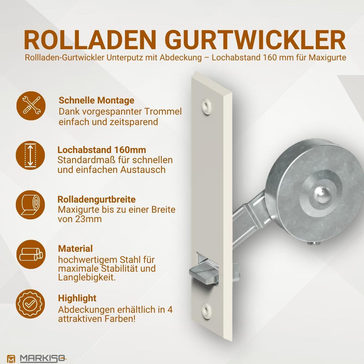 markiso® Rolladen Gurtwickler unterputz, Rollladen Aufwickler Lochabstand 160mm | 5 Stück | für Maxi