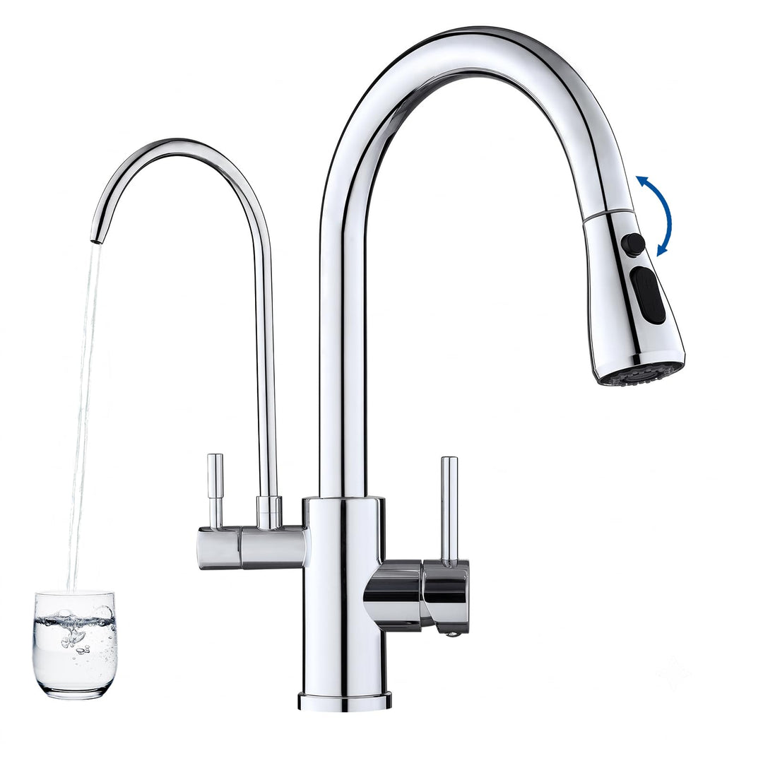 ROVOGO Chrom 3 Wege Wasserhahn Küche mit Filter, Küchenarmatur Hochdruck mit Brause Ausziehbar, 360°