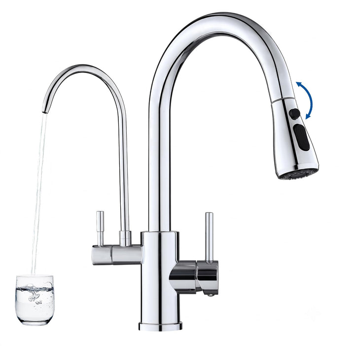 ROVOGO Chrom 3 Wege Wasserhahn Küche mit Filter, Küchenarmatur Hochdruck mit Brause Ausziehbar, 360°