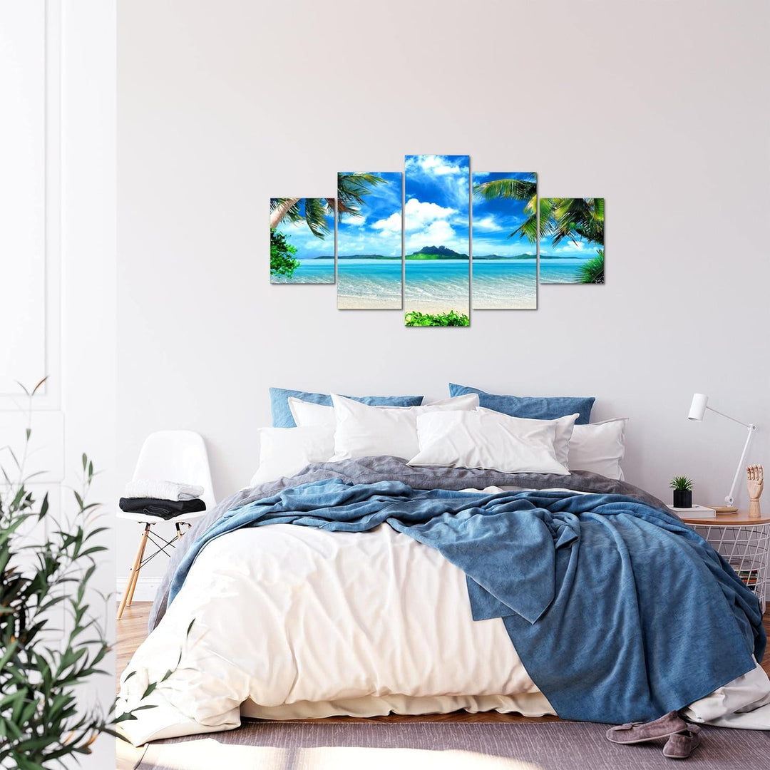 Runa Art Bild Schlafzimmer Wohnzimmer Strand Palmen 5 Teilig Meer Blau Beige Wandbilder auf Vlies Le