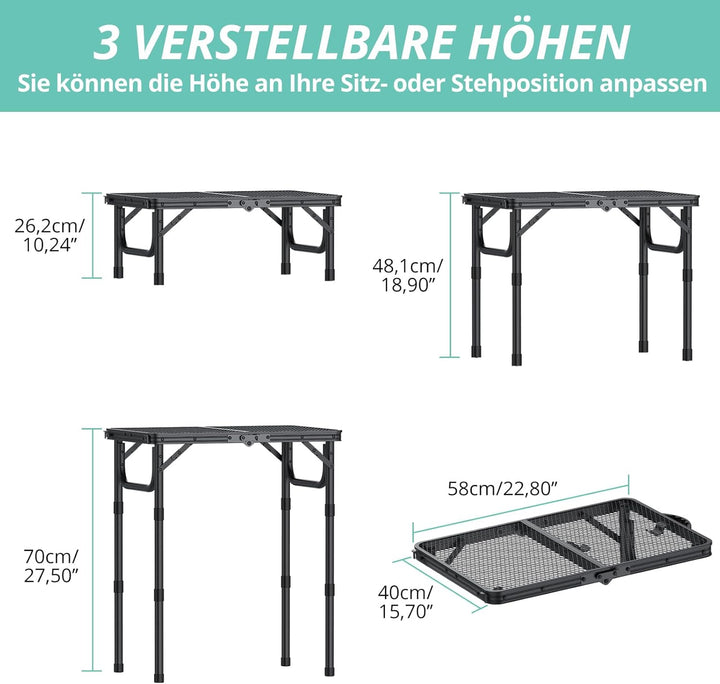 VINTEAM Campingtisch Klappbar 58x40cm, 3 Höhenverstellbar Leicht & Tragbar, Aluminium Metallgitter,
