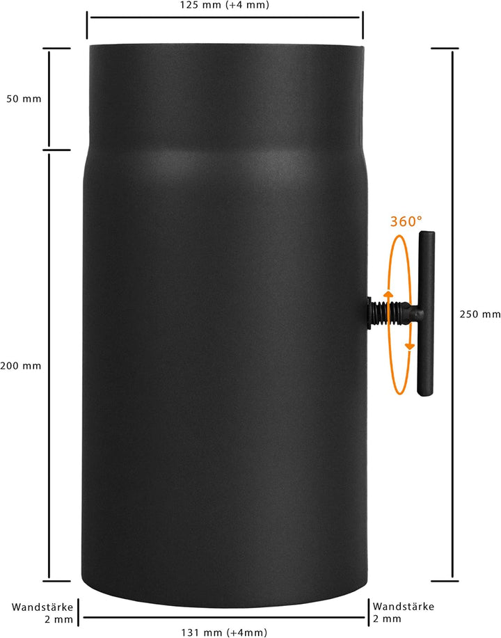 LANZZAS Ofenrohr 250 mm mit Drosselklappe, im Durchmesser DN 130 mm, Farbe: schwarz - weitere Rohre