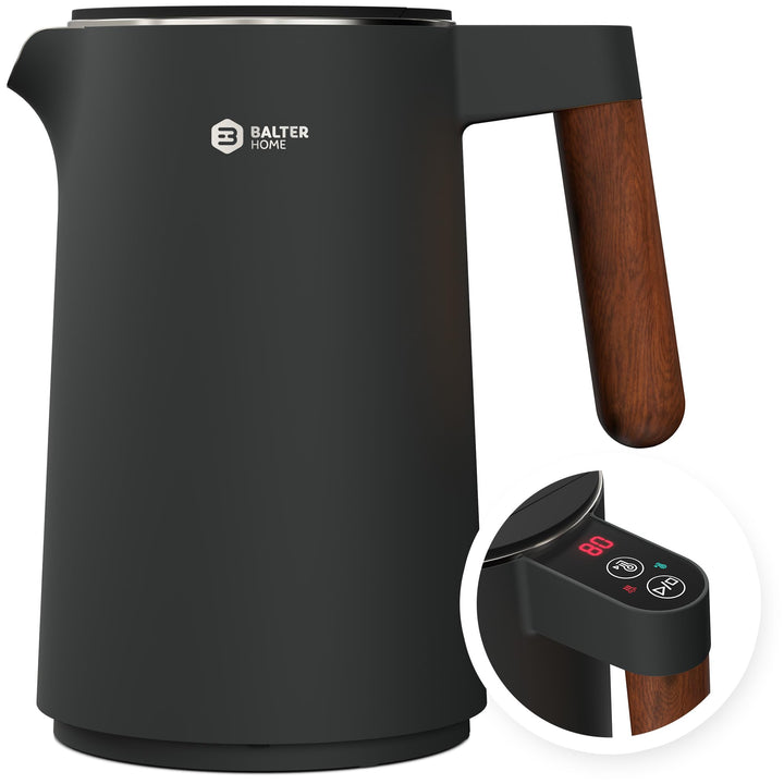 BALTER Edelstahl Wasserkocher mit Temperatureinstellung, 45°C-100°C, Doppelwand, BPA frei, leise & k