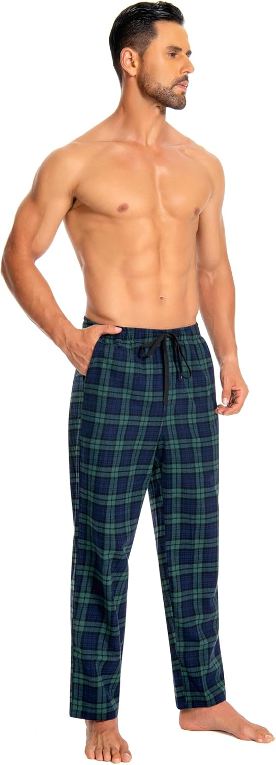 Schlafanzughose Herren 100% Baumwolle Flannel Pyjamahose Kariert Loungehose mit Taschen Nachtwäsche