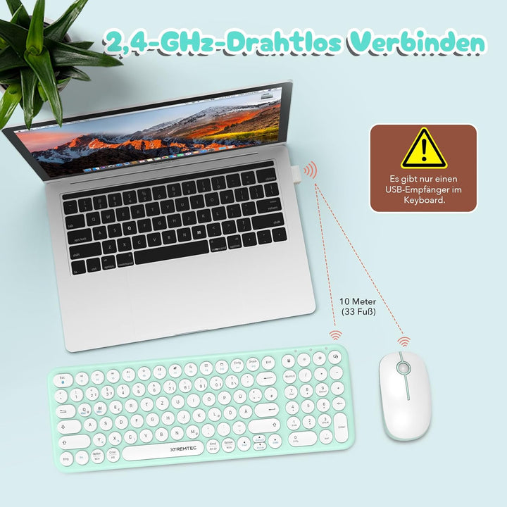 XTREMTEC kabellose Tastatur und Maus,Retro runde Schreibmaschine Tastatur,Slim Funktastatur leise Se