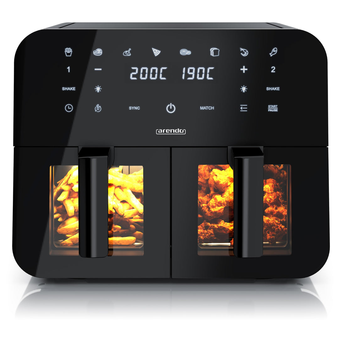 Arendo - Dual Zone Heissluftfritteuse 9L - mit 2 Kamern - XXL Kapazität 2 Fächer – Sichtfenster Bele