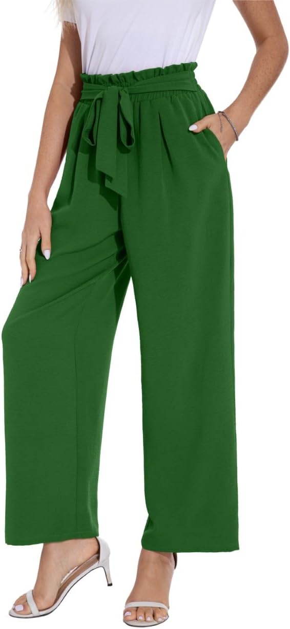 PrinStory Damen Hose Mit Weitem Bein Leichte Elastische Taille Sommer Hose Mit Taschen Kausale Arbei