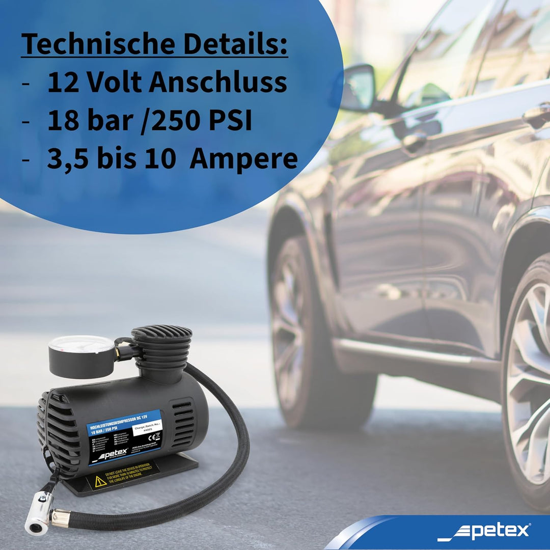 PETEX 445100 Reifenpannenset inklusive Luftkompressor 12V, 18 bar, inklusive 3-Teilig Adapterset und