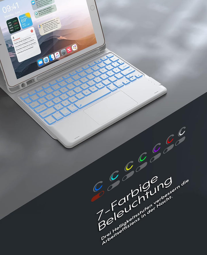 CHESONA iPad 10.2 Tastatur Hülle mit Touchpad, 7-Farbige Beleuchtung für 9/8/7. Generation, 2 BT Kan