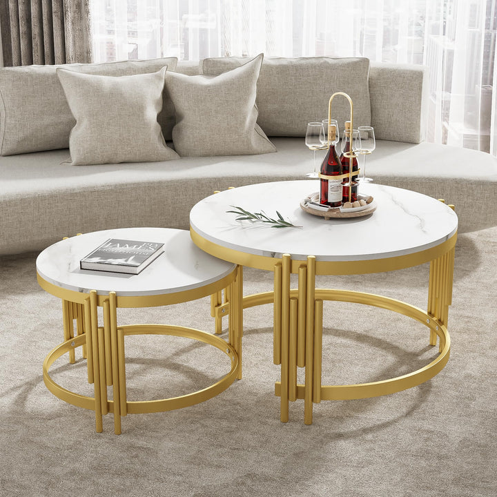 Merax Rund Couchtisch Set, 2-in-1 Nesting Couchtisch Satztisch, in Marmoroptik, Goldener Metallrahme