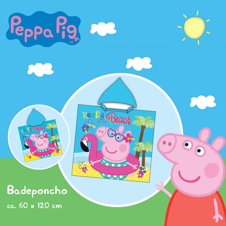 Peppa Wutz Pig Kinder Kapuzen Bade-Poncho Beach 60 x 120 cm 100% Baumwolle Veloursqualität Sunny Pon