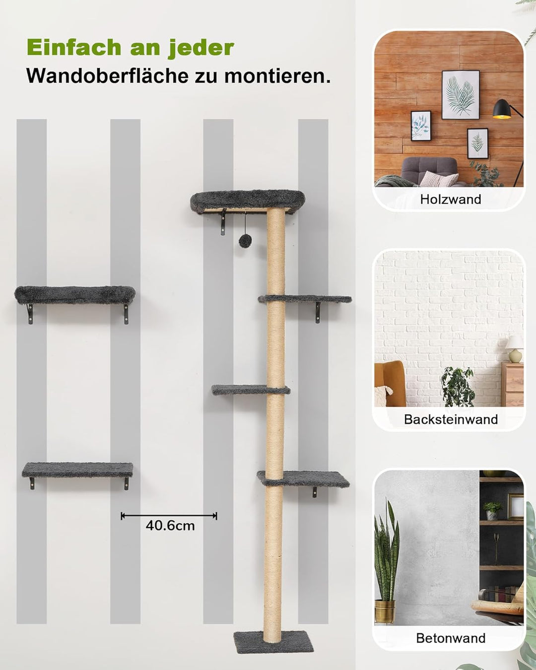 FUKUMARU Kletterwand Katzen-Set, 178 cm hoch, stabiles 3-in-1 Kratzbaum-Set aus mehrschichtigem Mass