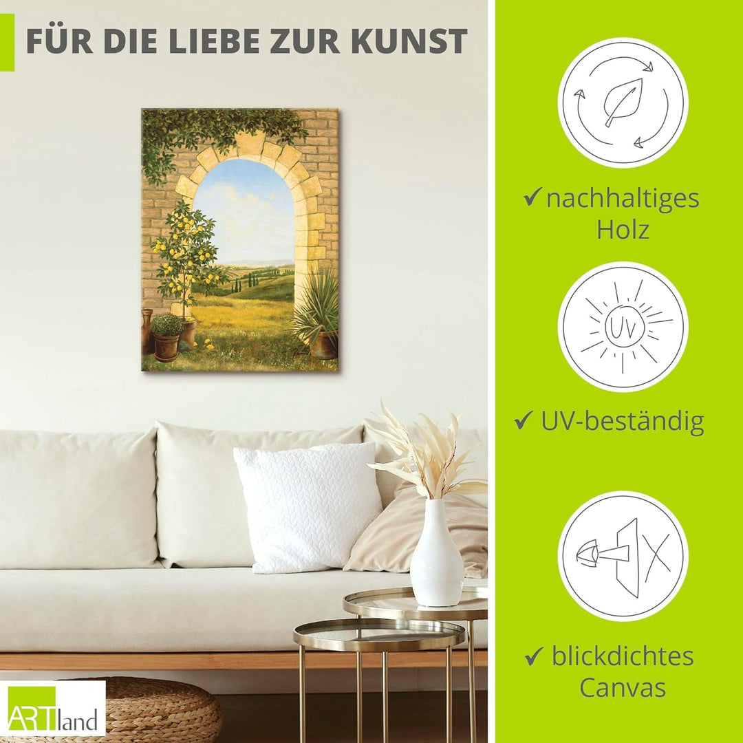 Artland Leinwandbild Wandbild Bild auf Leinwand 60x80 cm Wanddeko Fensterblick Toskana Landschaft Na