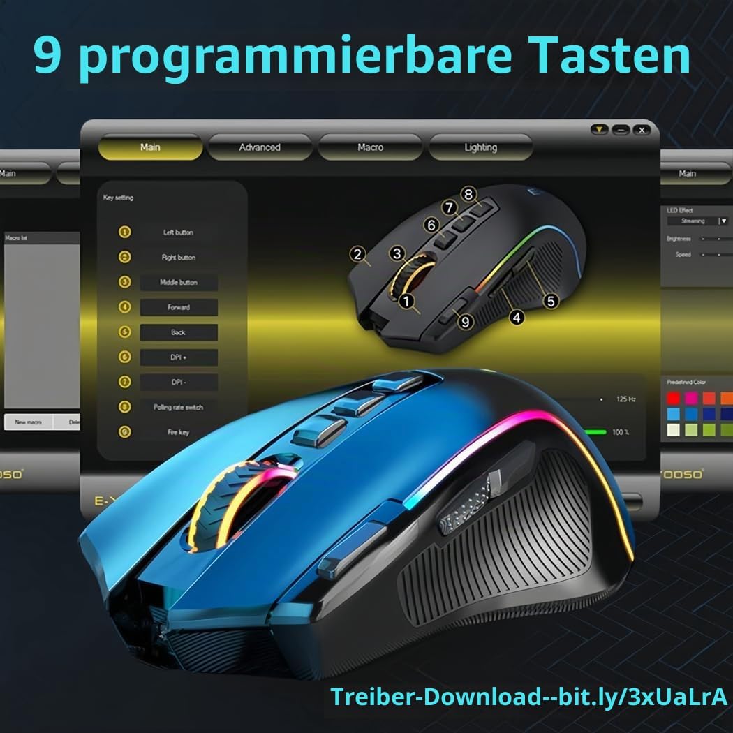 Niceon Gaming Maus kabellos RGB Wiederaufladbare, 9 Programmierbare Tasten, Langer Stunden Akkulaufz