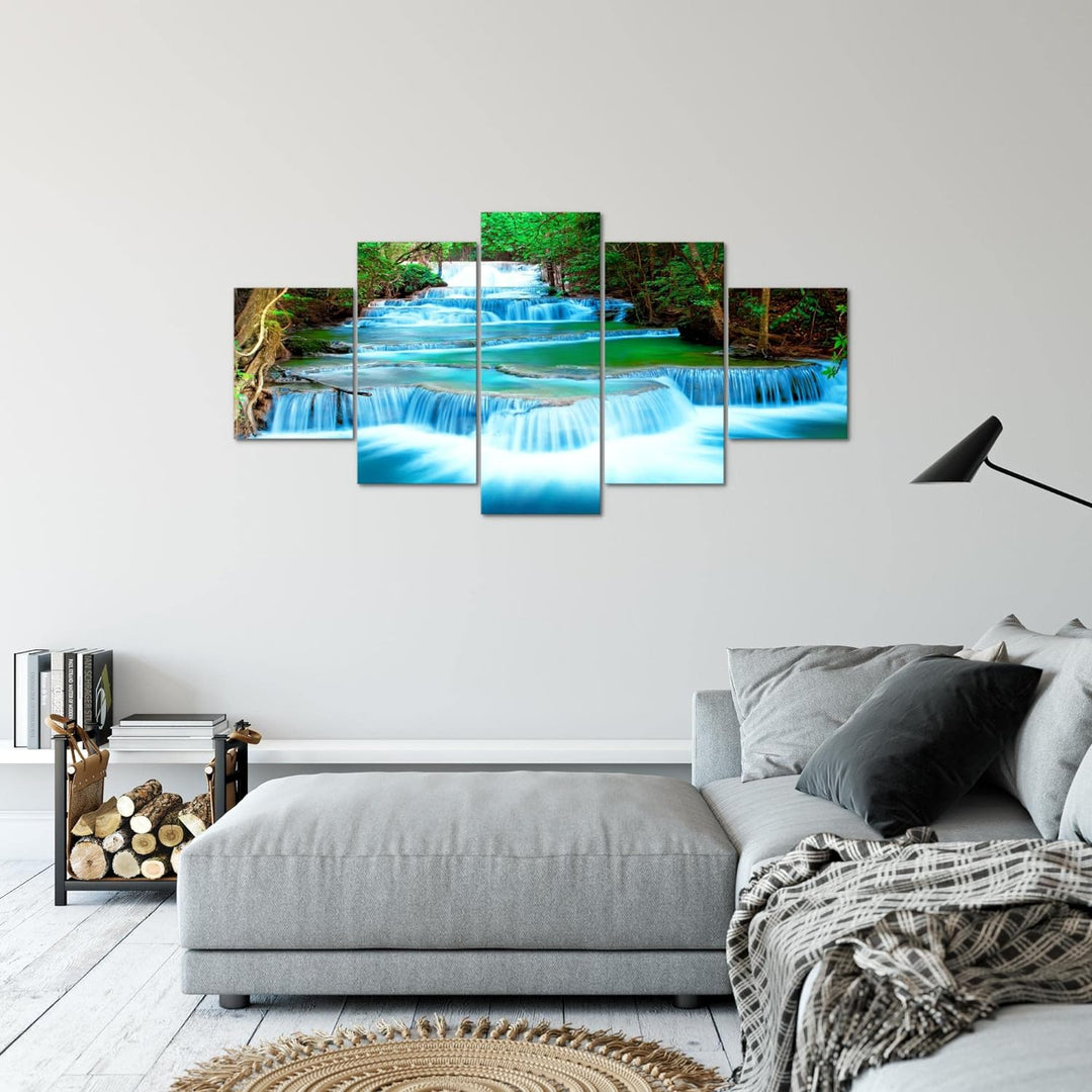 Runa Art Bild Schlafzimmer Wohnzimmer Wasserfall Landschaft 5 Teilig Berge Blau Grün Wandbilder auf