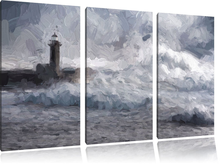 Pixxprint Sturmwellen Leuchtturm Portugal als Leinwandbild/Grösse: 3 Teilig (120x80 cm) cm/Wandbild/
