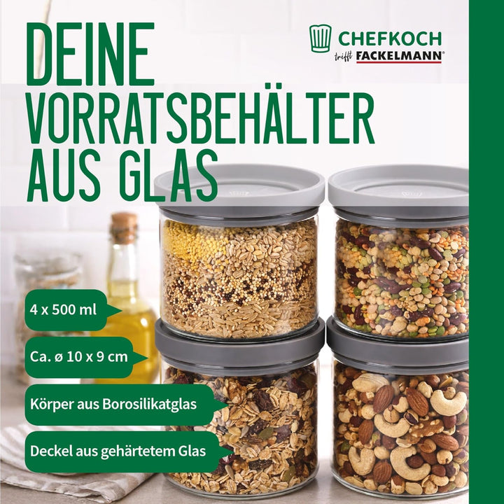 FACKELMANN Chefkoch trifft 4er Set Vorratsbehälter mit Glasdeckel – 500 ml, Borosilikatglas, luftdic
