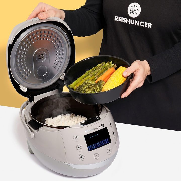 Reishunger Digitaler Reiskocher & Dampfgarer Grau + Gratis Kochbuch – Warmhaltefunktion, Timer & Pre