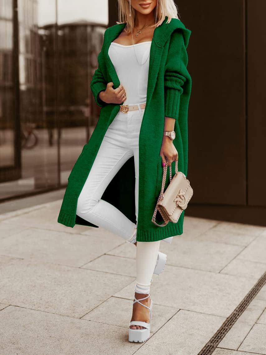 Tongmingyun Strickjacke Damen Lang Cardigan mit Kapuze Winter Grobstrickjacke Casual Lose Strickmant
