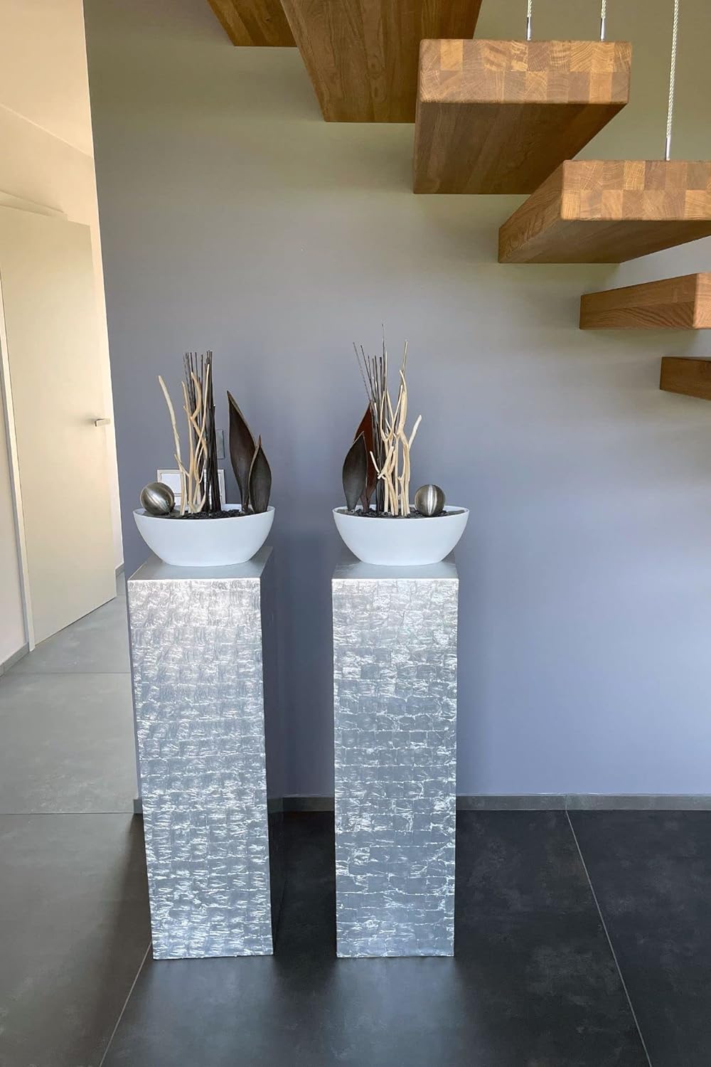 Vivanno Podest Deko-Säule Stele Blumenständer Fiberglas Silber Hochglanz 30x30x100 30x30x100 cm Silb