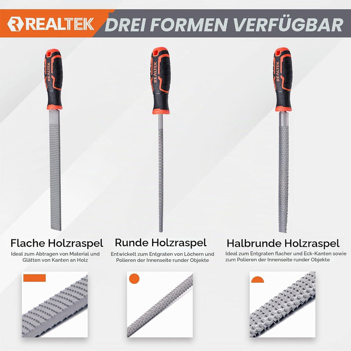 REALTEK Holzraspel Set 3tlg. inkl. Flachfeile Halbrundfeile Rundfeile, Klinge 200mm lang, Holzfeilen