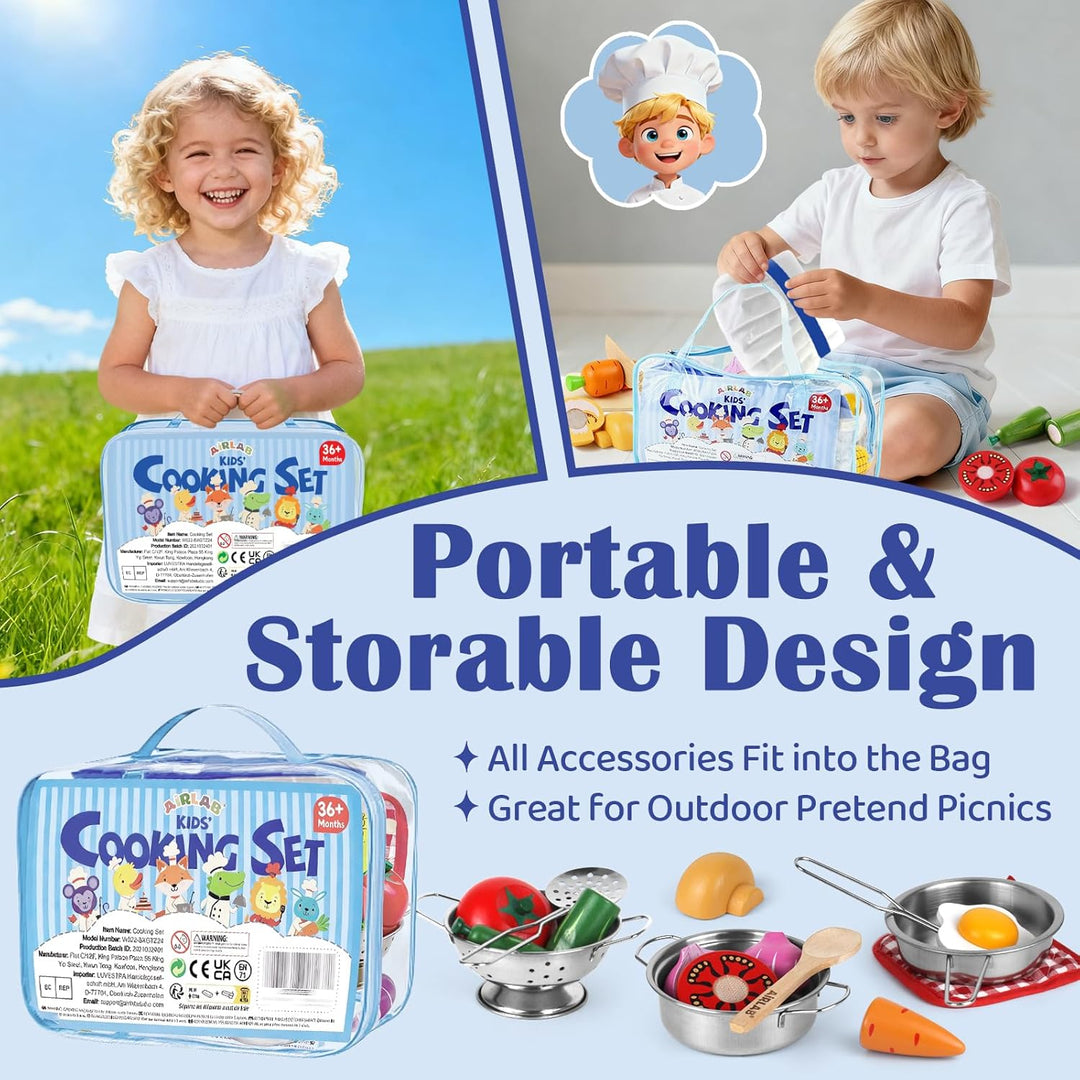 Airlab Kinderküche Spielküche Zubehör, Küchenzubehör Töpfe Holz & Edelstahl, Puppenküche Kochset, Ho