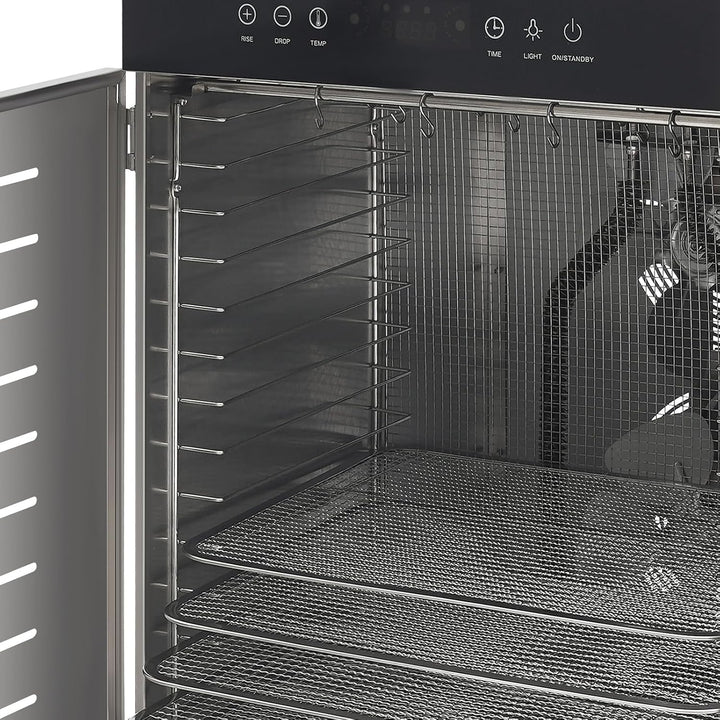 Dörrautomat Edelstahl Dehydrator Dörrautomaten - Flach Liegend &amp; Hängend | mit 16 Tabletts, 40 Haken