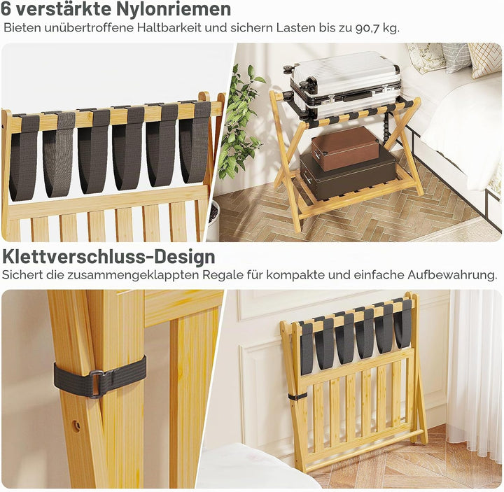 2er Set Bambus Gepäckablage für Gästezimmer, 26,77" Klappbarer Kofferständer mit Ablagefach, Verstär