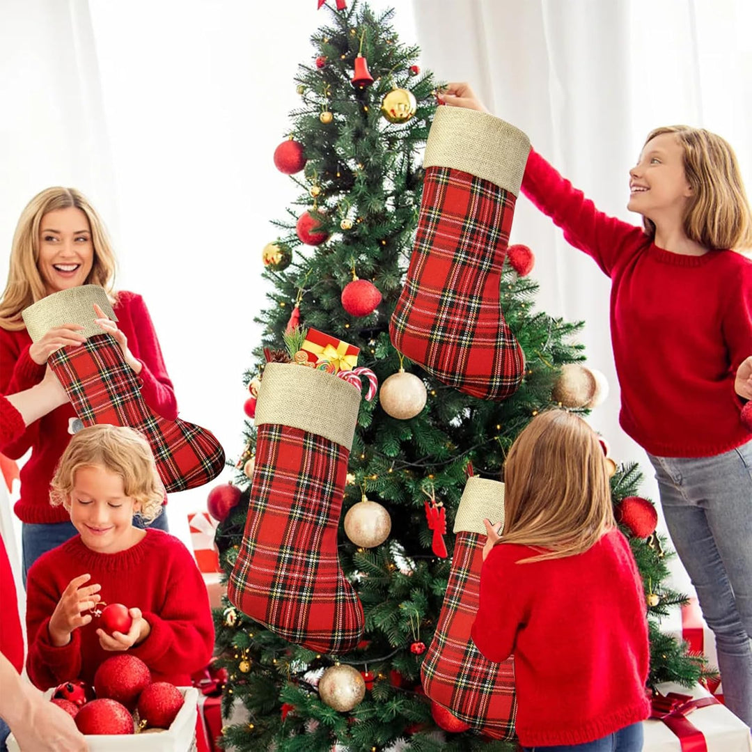 2 Stück Weihnachtsstrumpf, Plaid Nikolausstrumpf 48cm gross mit Jute Cuff zum befüllen, Dekoration f