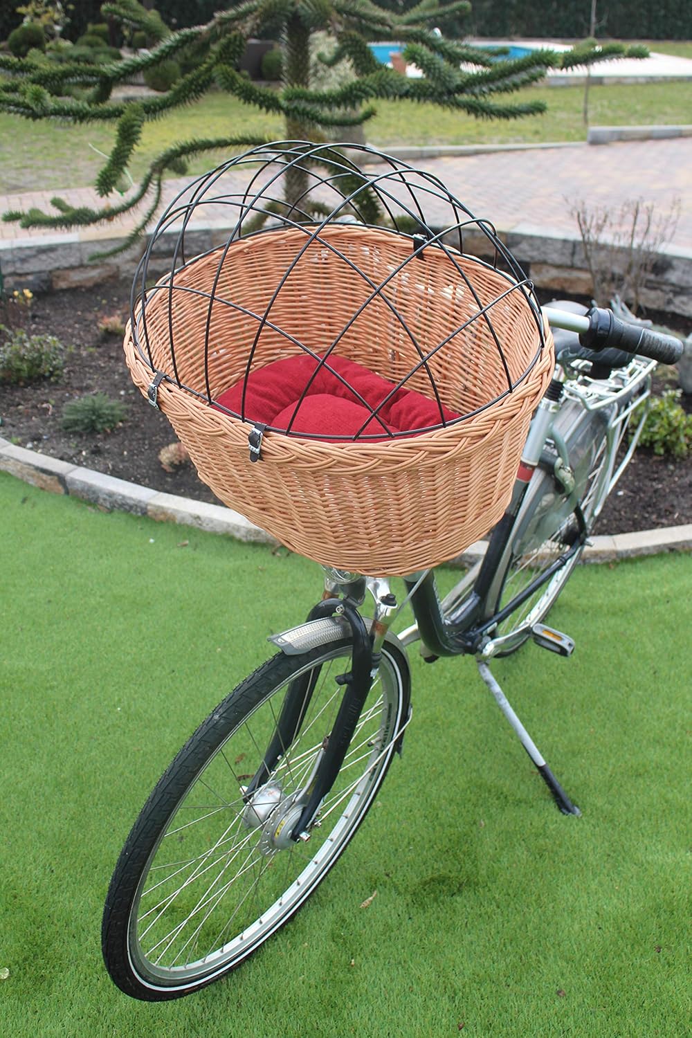 Hundefahrradkorb für Fahradlenker aus Weide mit Metallgitter und Kissen XL oder XXL Lenkrad Weidenko