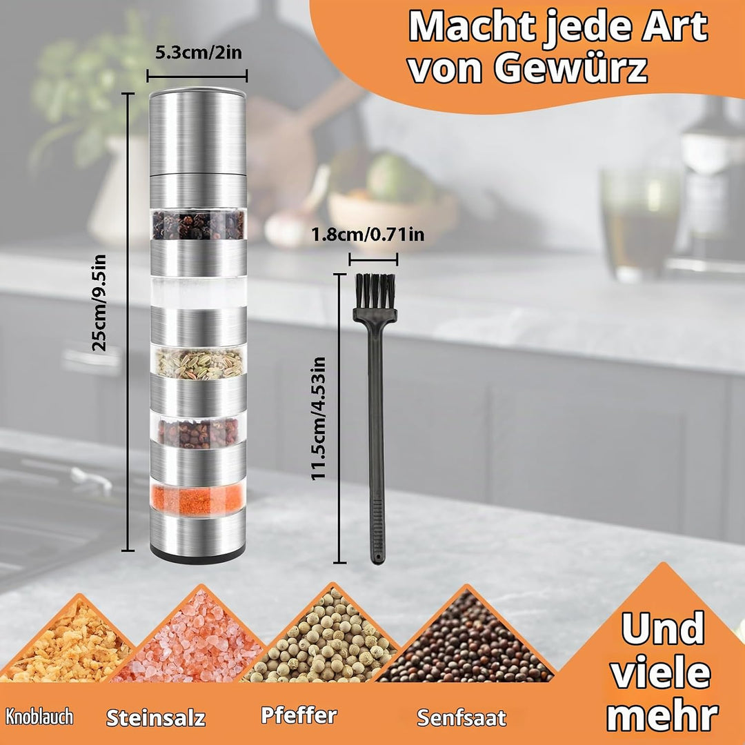 5 in 1 Gewürzstreuer, Edelstahl Gewürzmühle Set, Gewürzdosen Mini Gewürzmühle, Chef Mini Salz- und P