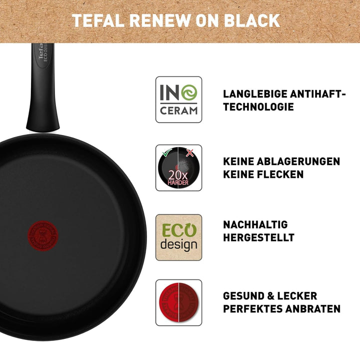 Tefal Renew On Black Bratpfanne 28 cm, Keramikversiegelung, umweltfreundlich recycelt, Thermo-Signal