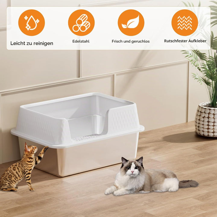 Vealind Katzenklo Edelstahl mit Deckel Gross Katzentoilette Metall Katzenklo Hoher Rand Offen Katzen